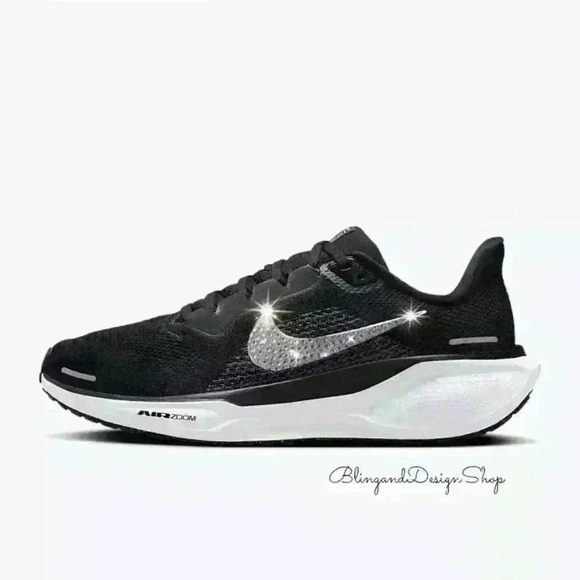 Bling Nike Pegasus 41 Womens Black Sneakers Shoes Customized with Crystals - Picture 1 of 6